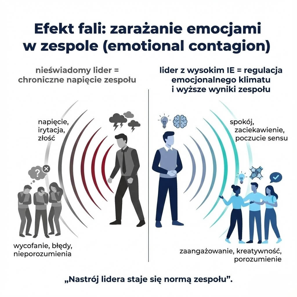 Infografika przedstawiająca zjawisko emocjonalnej transmisji w pracy. Porównanie wpływu zestresowanego lidera (spadek zaangażowania) i lidera o wysokiej inteligencji emocjonalnej (wzrost kreatywności i spokoju w zespole).
