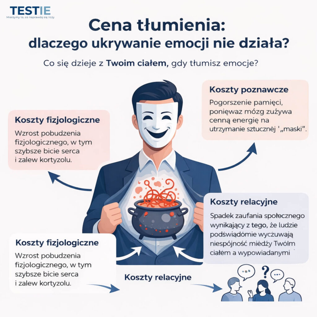 Infografika edukacyjna TESTIE pokazująca trzy główne negatywne skutki tłumienia emocji: wzrost pobudzenia fizjologicznego, pogorszenie pamięci oraz spadek zaufania społecznego w relacjach.