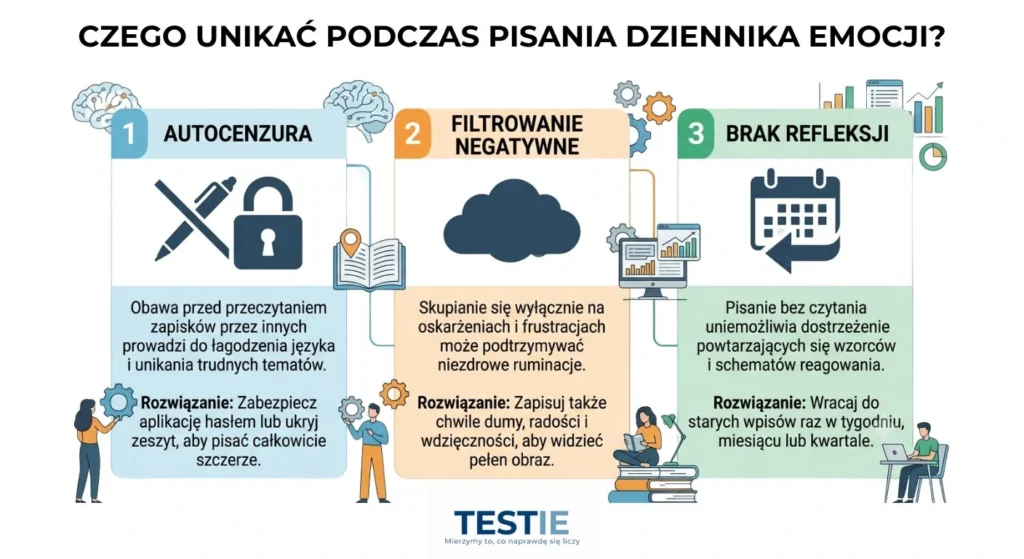 Infografika z 3 najczęstszymi pułapkami przy prowadzeniu dziennika emocji: autocenzura z obawy przed utratą prywatności, skupianie się wyłącznie na negatywnych emocjach oraz brak powrotu do wcześniejszych notatek.