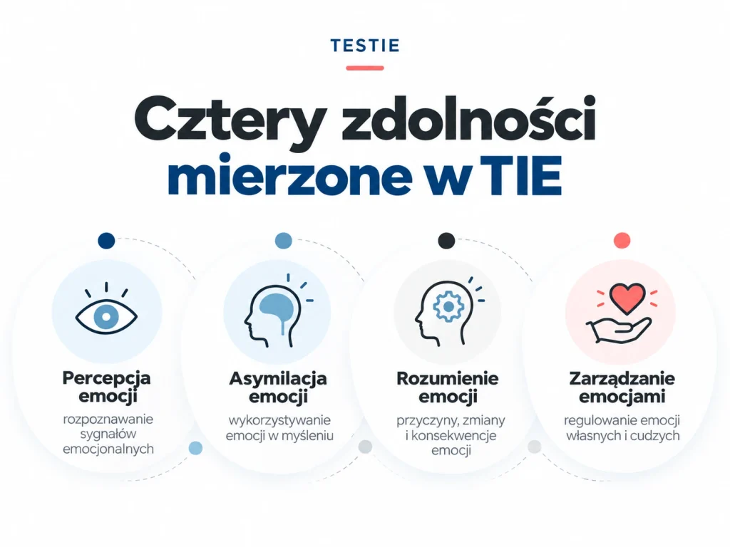 Infografika przedstawiająca cztery zdolności mierzone w teście TIE: percepcję emocji, asymilację emocji, rozumienie emocji i zarządzanie emocjami. Każda zdolność ma własną ikonę oraz krótki opis: rozpoznawanie sygnałów emocjonalnych, wykorzystywanie emocji w myśleniu, rozumienie przyczyn i zmian emocji oraz regulowanie emocji własnych i cudzych.