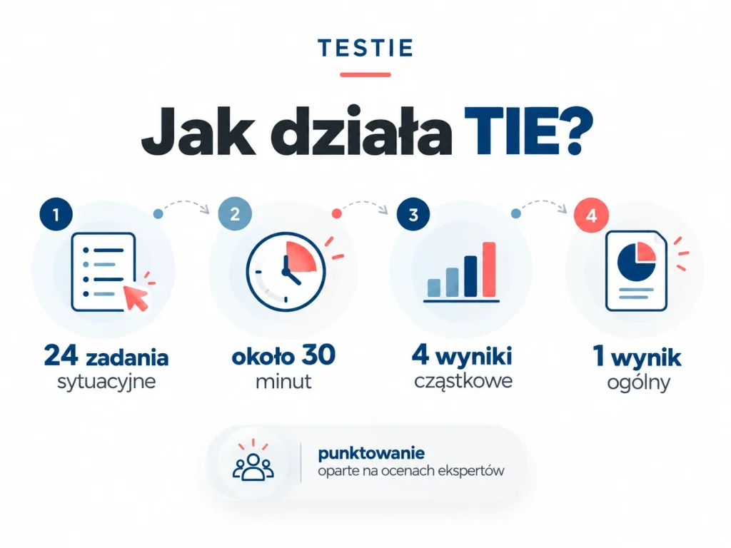 Infografika pokazująca, jak działa TIE. Test obejmuje 24 zadania sytuacyjne, trwa około 30 minut, daje 4 wyniki cząstkowe i 1 wynik ogólny. Punktowanie opiera się na ocenach ekspertów.