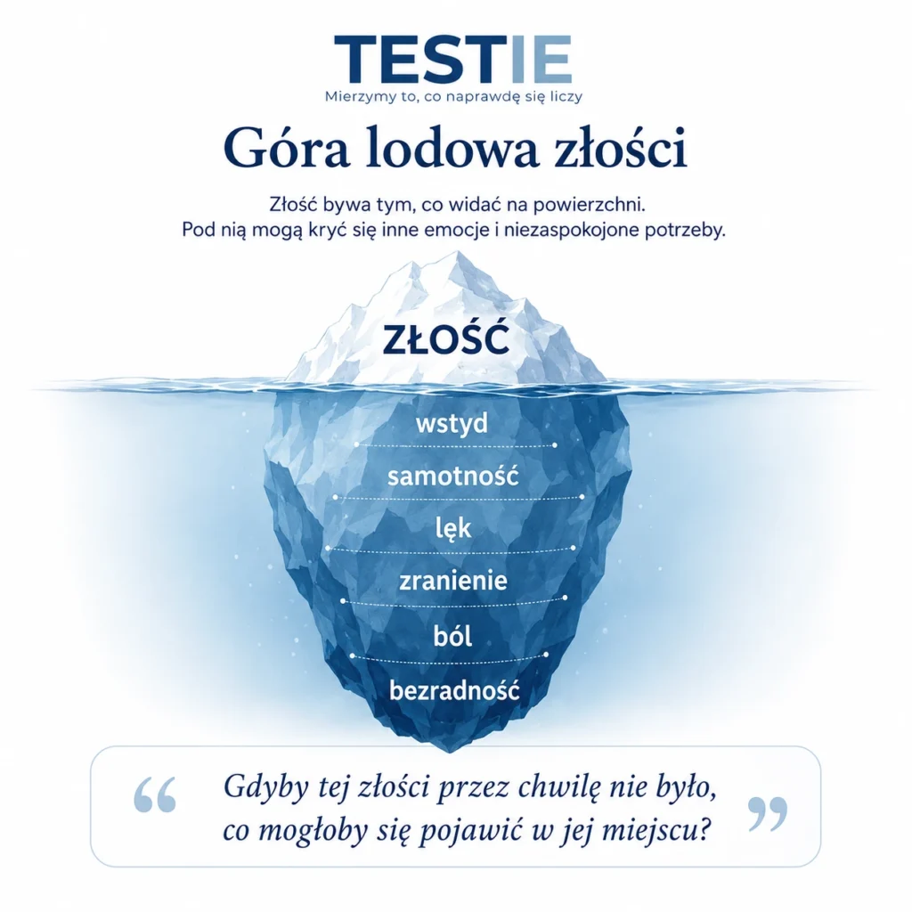 Emocje i pierwotne i wtórne. Ilustracja góry lodowej z widoczną nad powierzchnią złością oraz emocjami ukrytymi pod powierzchnią: wstydem, samotnością, lękiem, zranieniem, bólem i bezradnością.